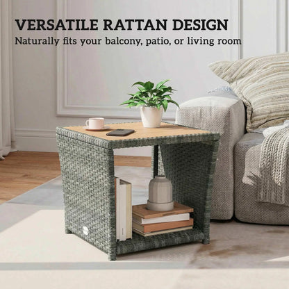 Outsunny Side Table 2-Tier Outdoor Coffee Table with Storage Shelf PS Wood Slat Top/Light Grey