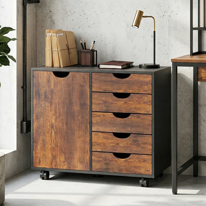 HOMCOM Multi-Storage Mobile Office Storage Cabinet with Five Wheels- Rustic Brown