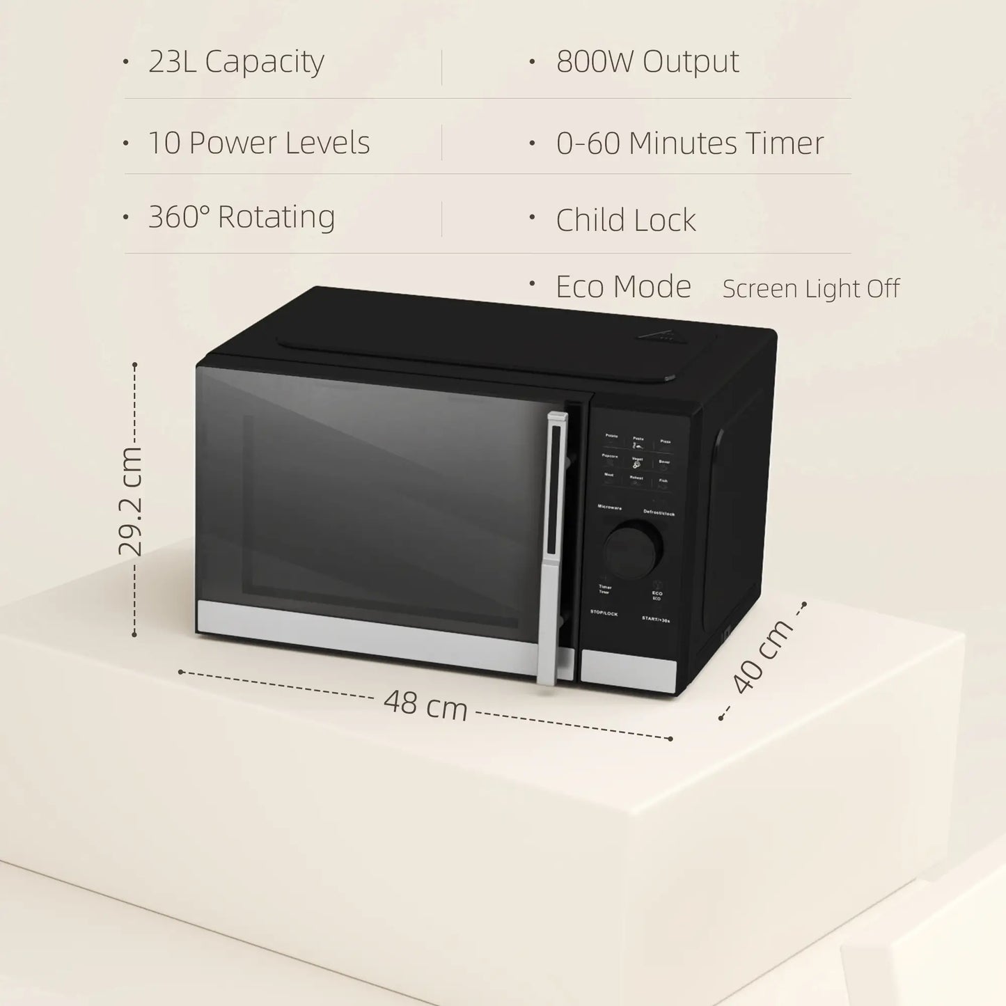 HOMCOM Small Digital Solo 23L 800W Microwave Oven with 10 Power Levels, Automatic Defrost, 8 Auto Cook Menus, 60 Minutes Timer, Black