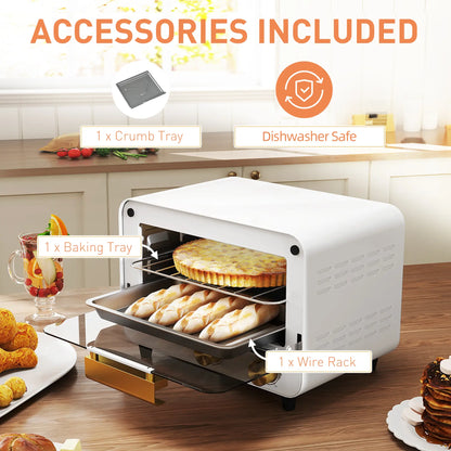 HOMCOM Small Toaster Oven, 12L Multifunction Mini Countertop Oven with Glass Door, Adjustable Temperature & Timer, 750W, White