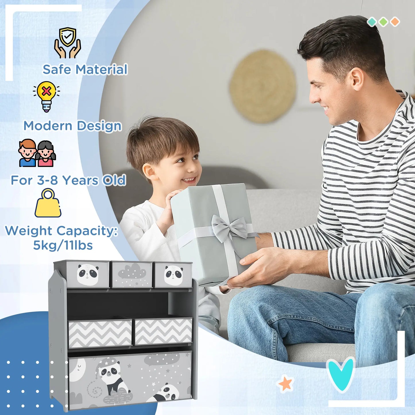 ZONEKIZ Kids Storage Unit, Toy Storage Organiser with Six Fabric Bins for Bedrooms, Playrooms - Grey