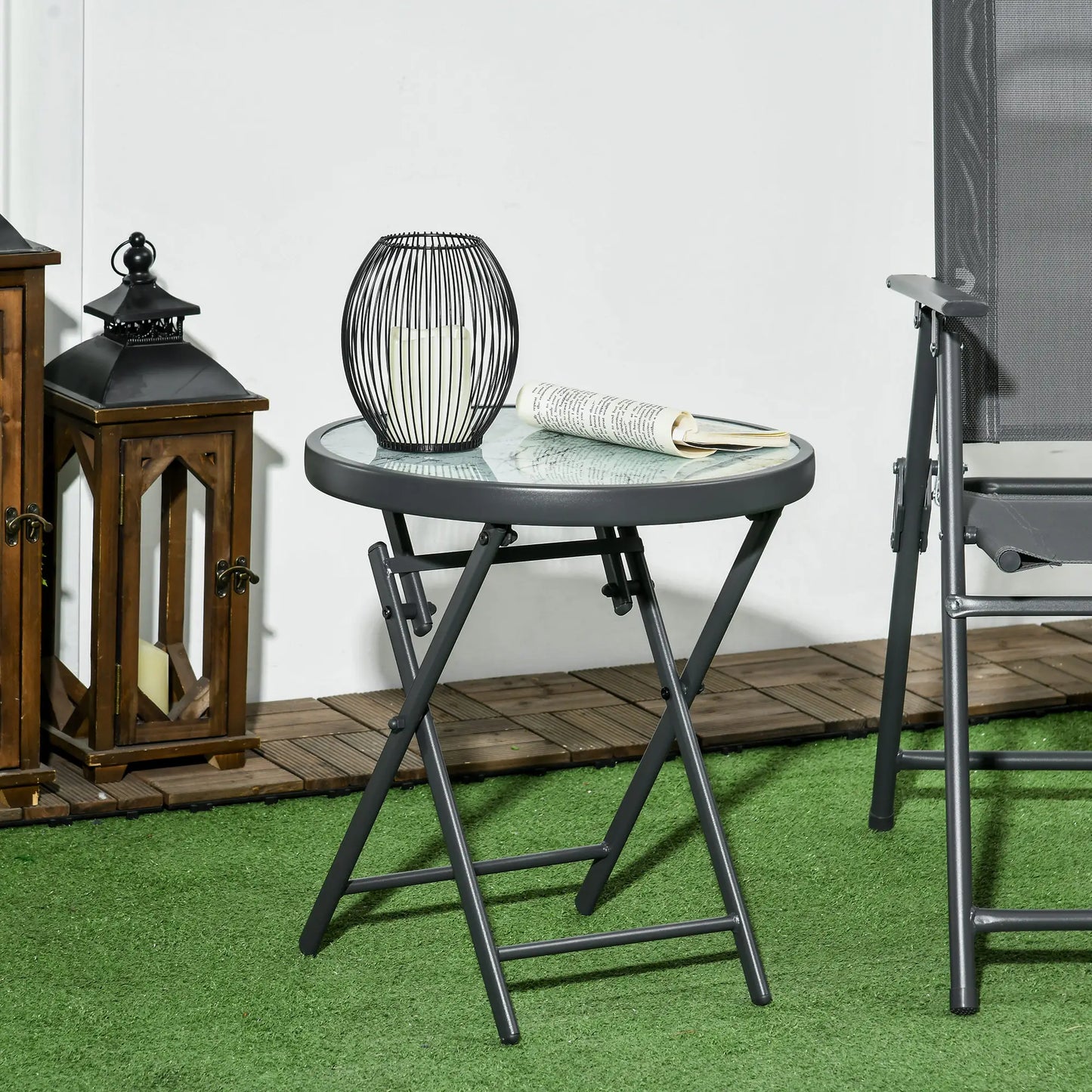 Outsunny Garden Small Coffee Side Table, Outdoor Round Folding Patio Table with Marble Glass Top, White