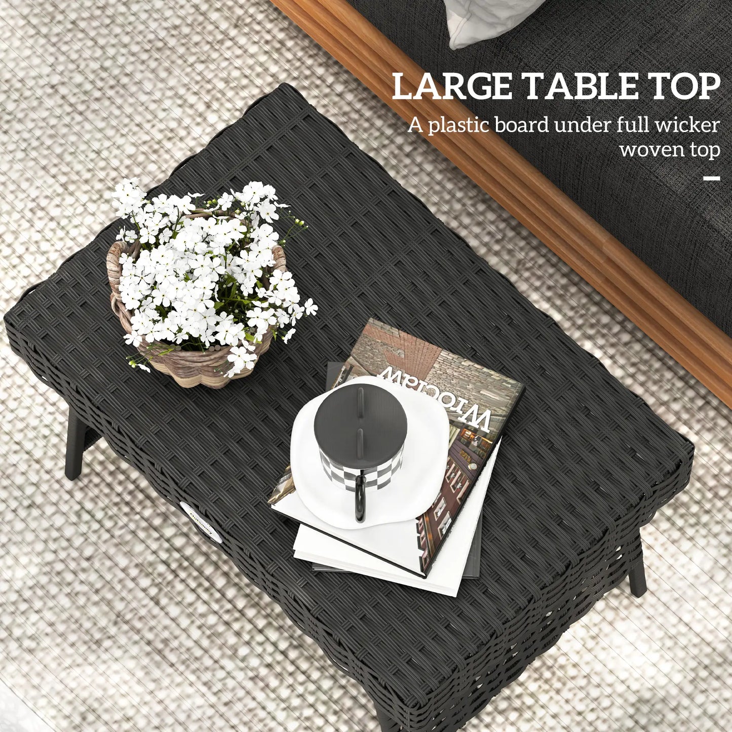 Outsunny Foldable Outdoor Side Table, Bistro Garden Rattan Coffee Table with Steel Frame, Black