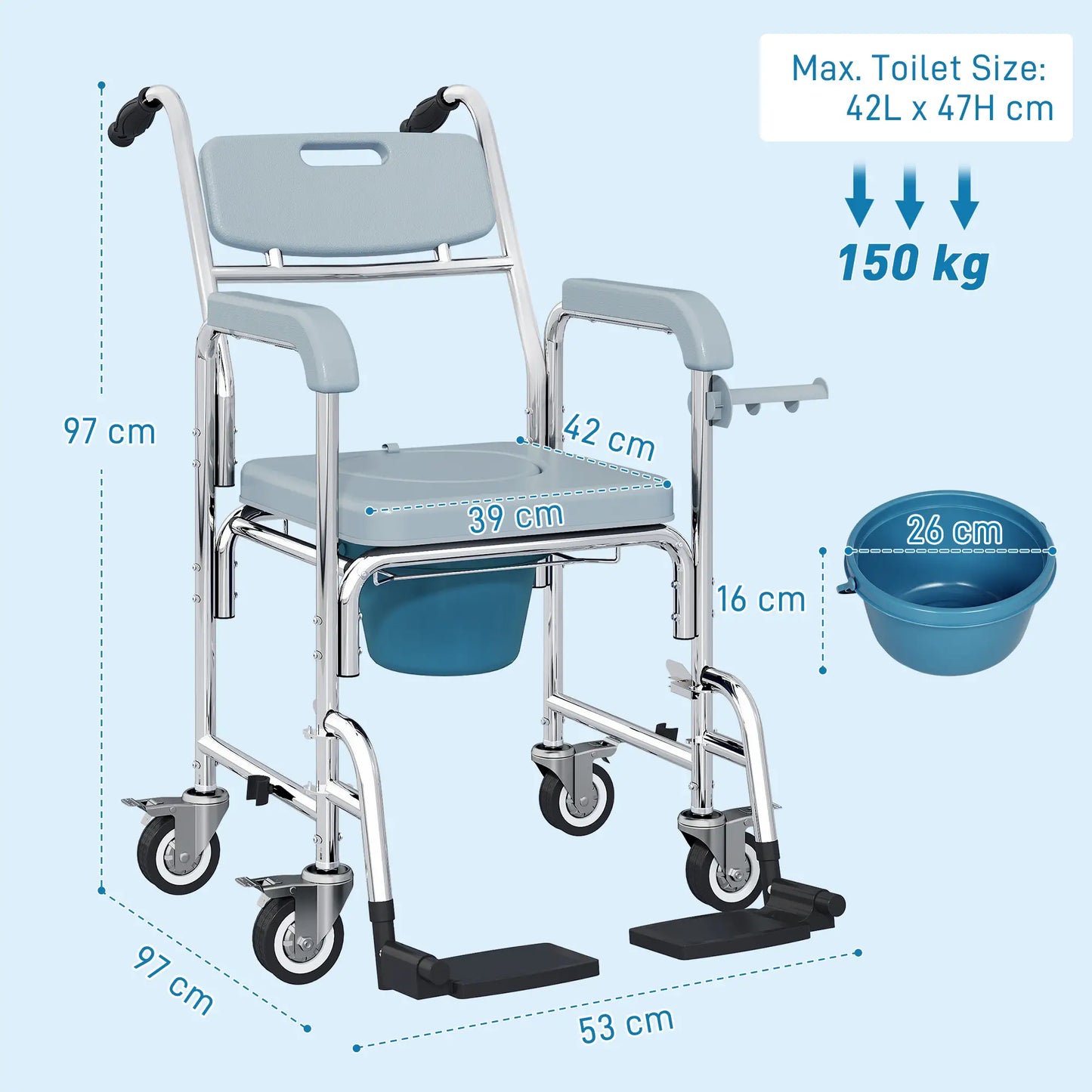 HOMCOM Rolling Shower Wheelchair for Seniors, Bedside Commode Chair with Locking Wheels, Backrest, Arms, Grey