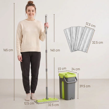 HOMCOM Flat Mop and Bucket with Wringer Set & 2 Chambers, Wet & Dry Use, Dark Grey