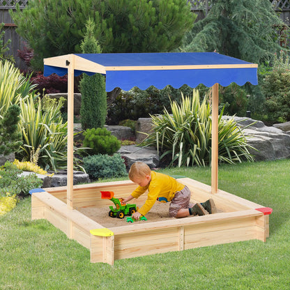 Outsunny Kids Wooden Sand Pit Children Square Sandbox Outdoor Playset Play Station Adjustable Canopy Bench Seat