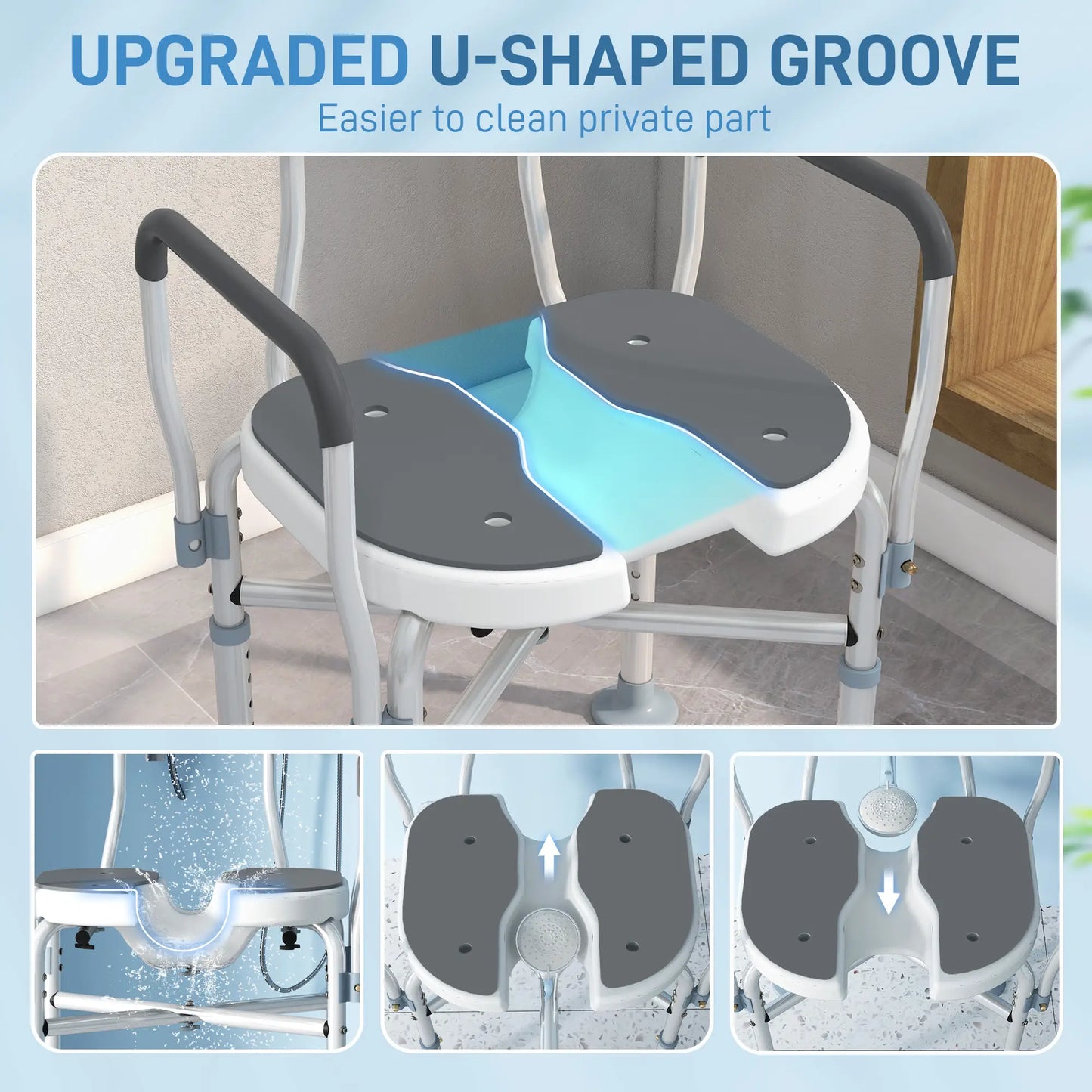 HOMCOM Shower Chair with Upgraded U-Shaped Seat, Height Adjustable Padded Bath Chair with Non-Slip Feet for Elderly Seniors, Grey