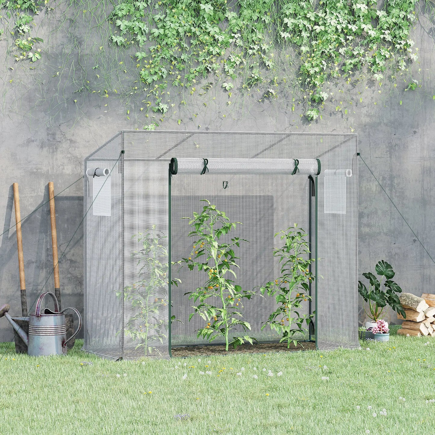 Outsunny Small Walk-in Garden Greenhouse with Steel Frame, Large Roll-Up Door and Windows, White