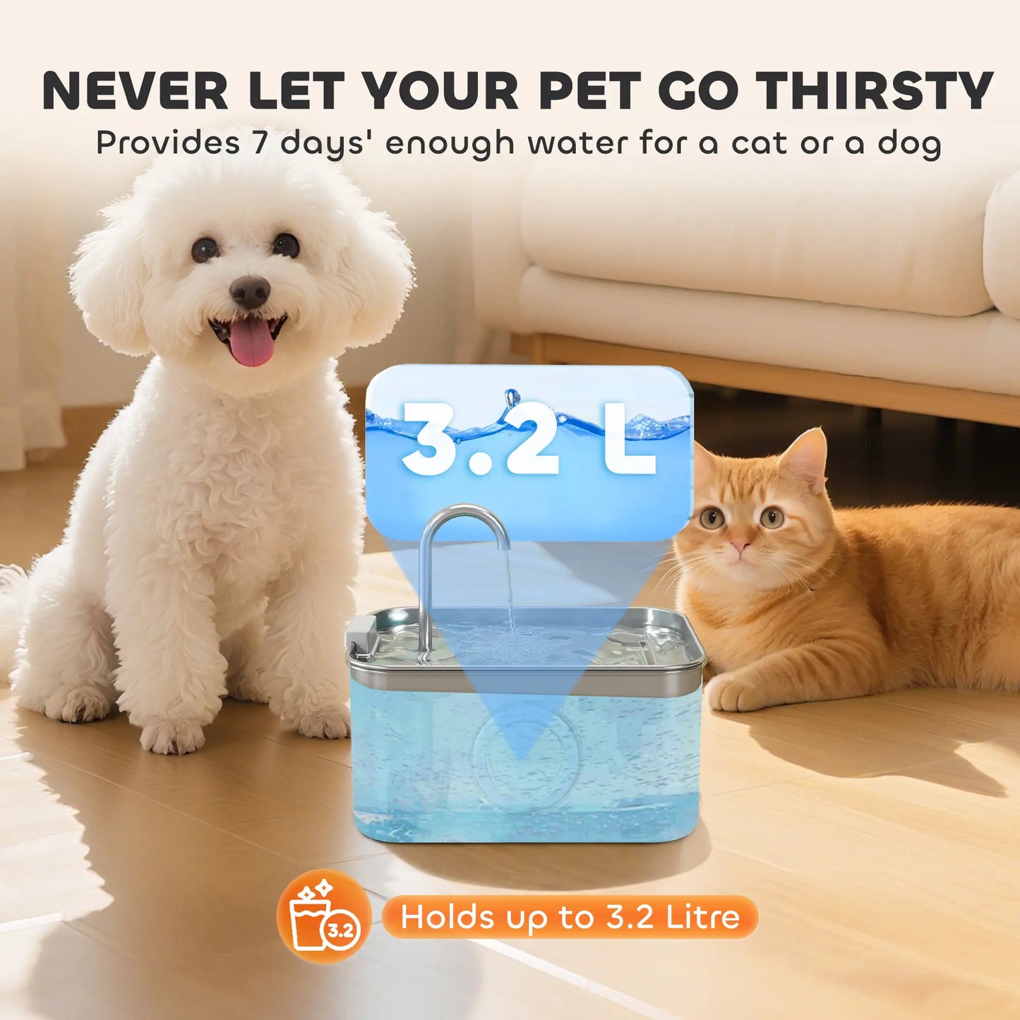 PawHut 3.2L Cat Water Fountain for Drinking, Stainless Steel with Visible Water-Level Window, Ultra-Silent Pump