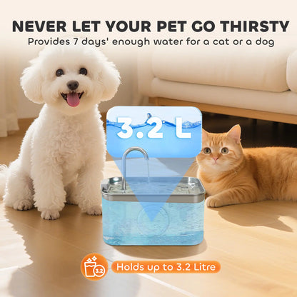 PawHut 3.2L Cat Water Fountain for Drinking, Stainless Steel with Visible Water-Level Window, Ultra-Silent Pump