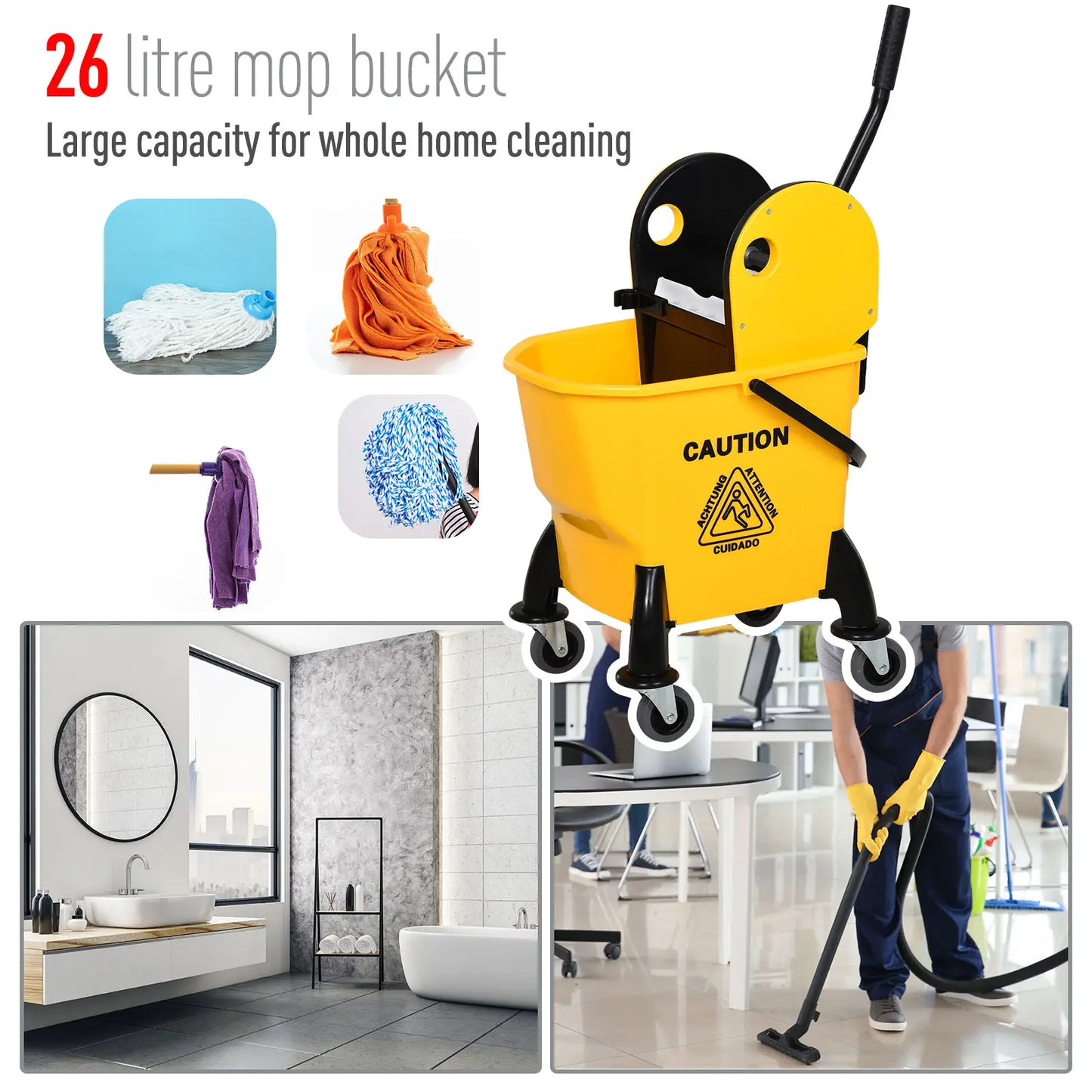 HOMCOM 25L Cleaning Mop Bucket, with Wringer, Wheels and Handle - Yellow