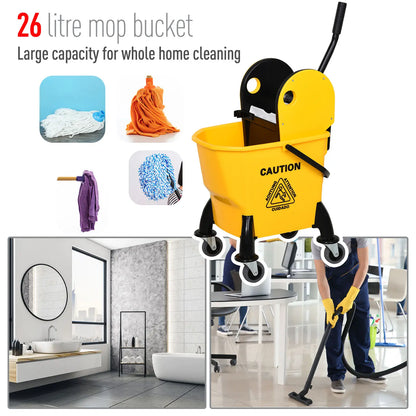 HOMCOM 25L Cleaning Mop Bucket, with Wringer, Wheels and Handle - Yellow