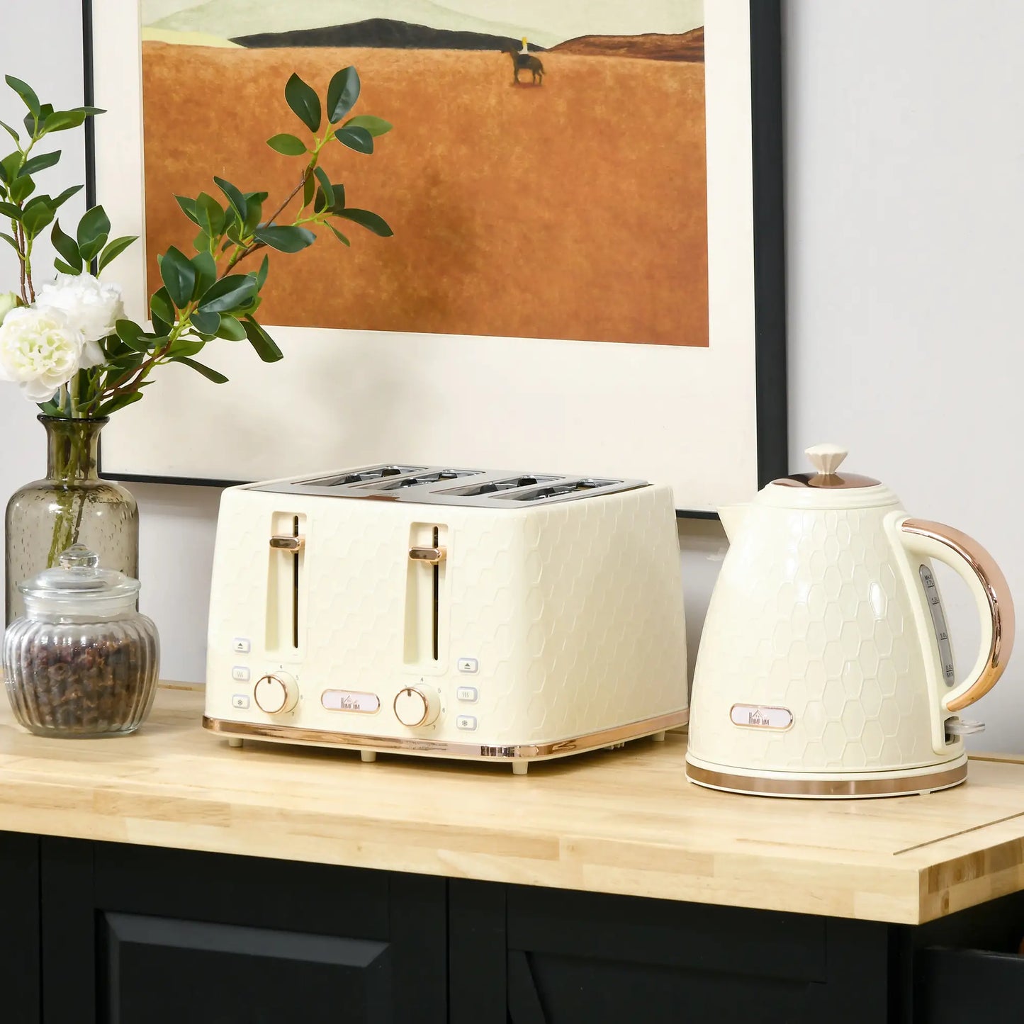 HOMCOM Kettle and Toaster Set, 1.7L 3000W Fast Boil Jug Kettle with Auto Shut Off, 4 Slice Toaster with 7 Level Browning Controls, Beige