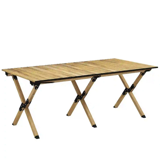 Outsunny 4ft Aluminium Portable Folding Camping Table with Roll-Up Top, Picnic Table for Indoor, Outdoor, Party, BBQ, Wood Effect