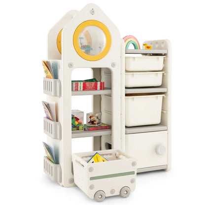 Kids Toy Storage Organizer with Mobile Trolley and Unique Roof