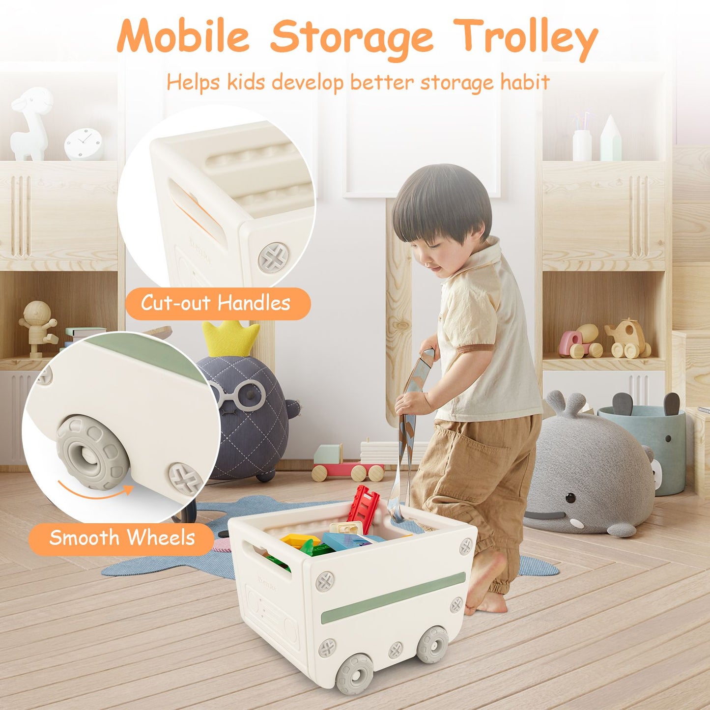 Kids Toy Storage Organizer with Mobile Trolley and Unique Roof