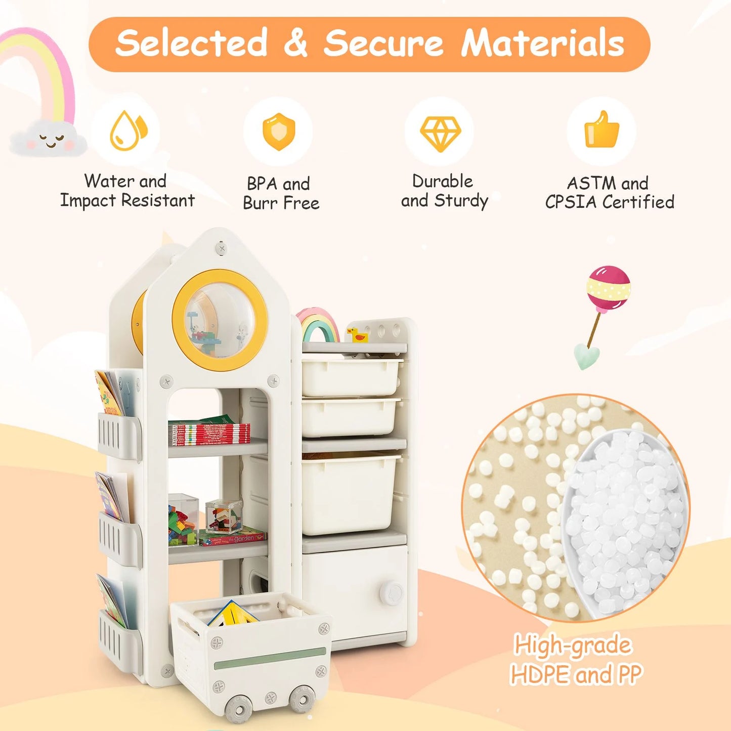 Kids Toy Storage Organizer with Mobile Trolley and Unique Roof