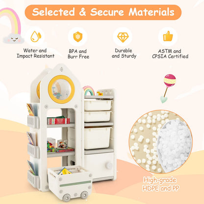 Kids Toy Storage Organizer with Mobile Trolley and Unique Roof