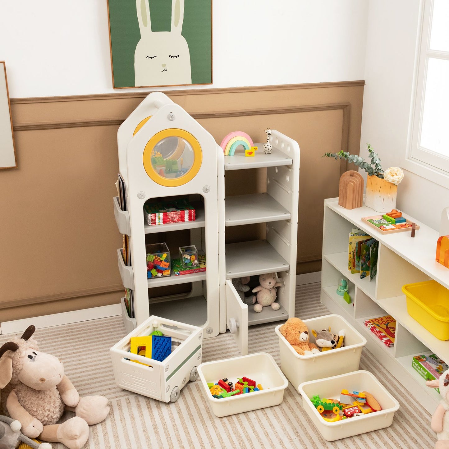 Kids Toy Storage Organizer with Mobile Trolley and Unique Roof