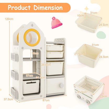 Kids Toy Storage Organizer with Mobile Trolley and Unique Roof
