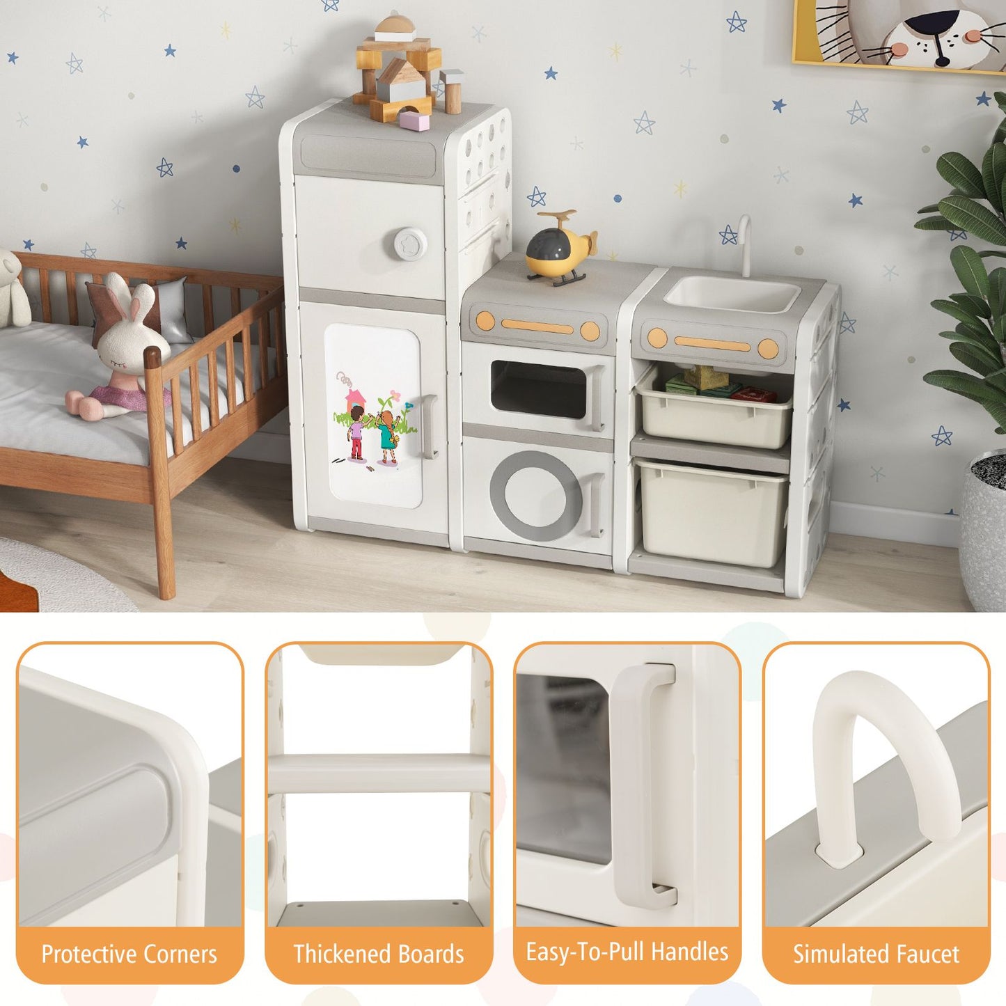 Kids Toy Storage Organizer with Magnetic Whiteboard Removable Sink & Faucet