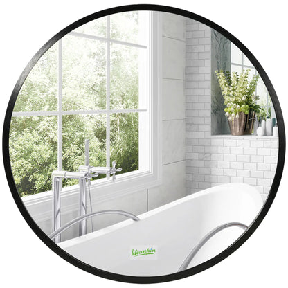 kleankin Round Bathroom Mirror, Modern Wall-Mounted Makeup Mirror with Aluminium Frame for Washroom Living Room, Black