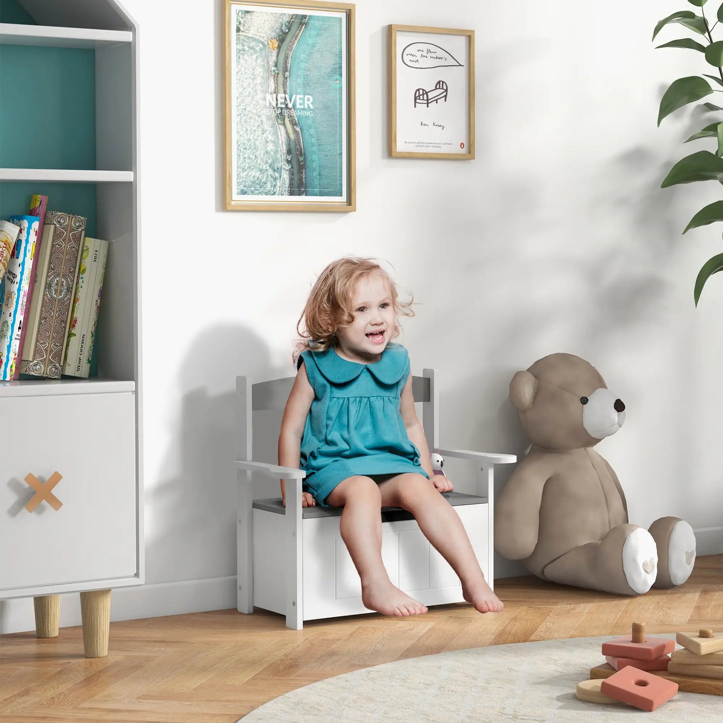AIYAPLAY 2-in-1 Toy Box for Kids Storage with Lid for Bedroom, Nursery, Playroom, Grey