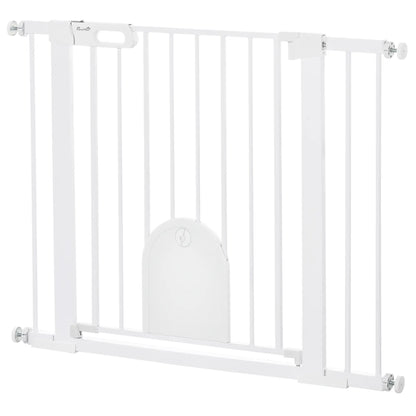 PawHut Dog Gate with Cat Flap Pet Safety Gate Barrier, Stair Pressure Fit, Auto Close, Double Locking, for Doorways, White