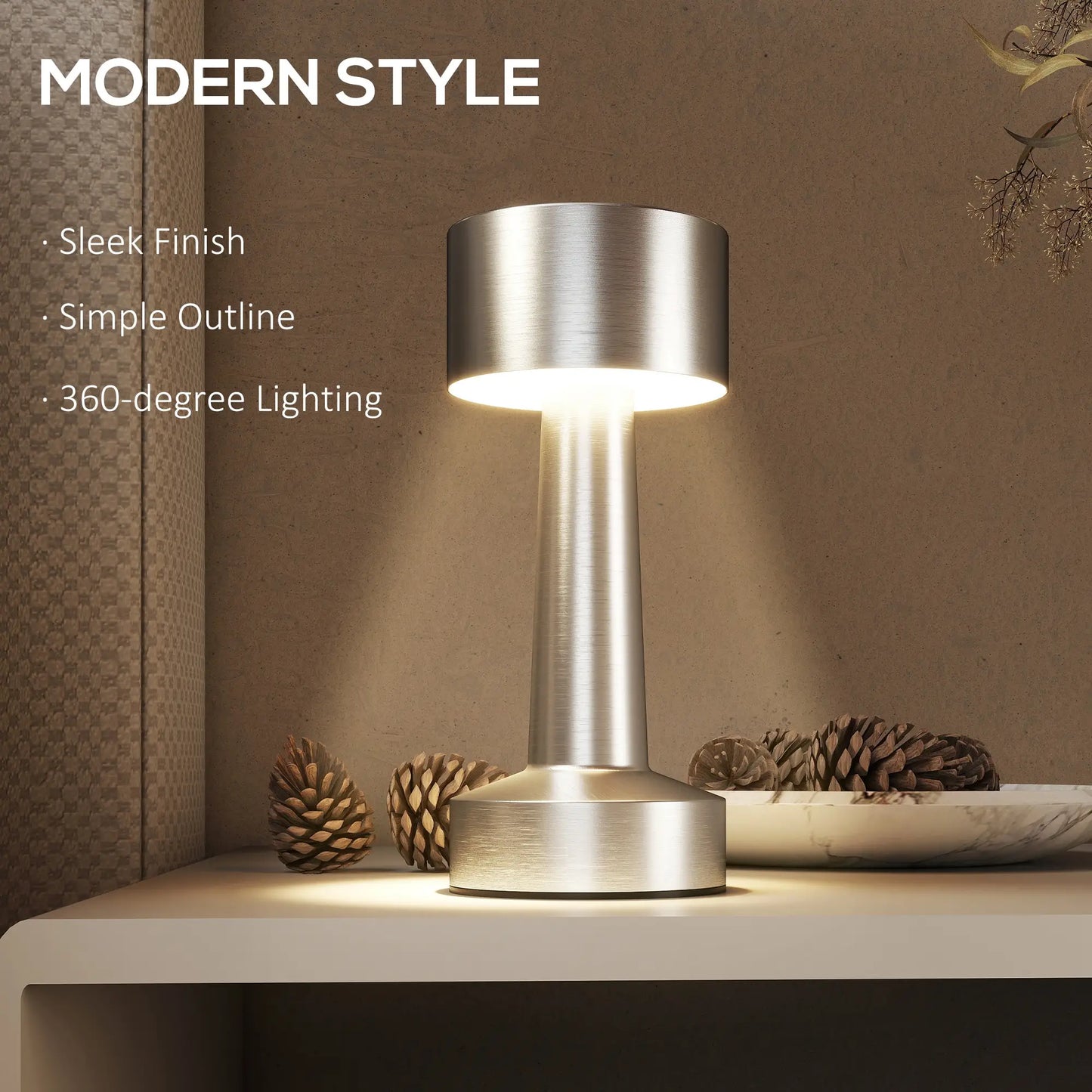 HOMCOM Cordless Table Lamp, Touch LED Desk Lamp with Rechargeable Battery, 3 Colour - Silver