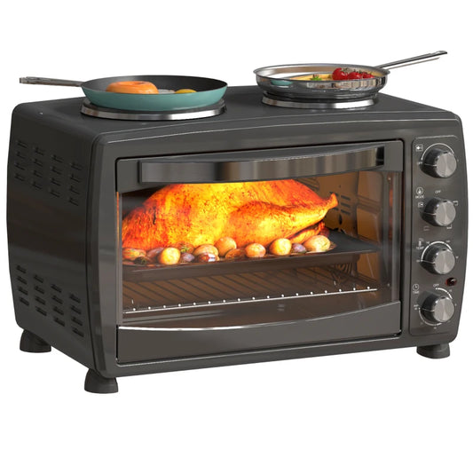 HOMCOM 36L Small Electric Oven with 2 Hot Plates, Countertop Toaster Oven, Grill, Roast, Bake, with Timer, Adjustable Temperature & Baking Tray, 2600W