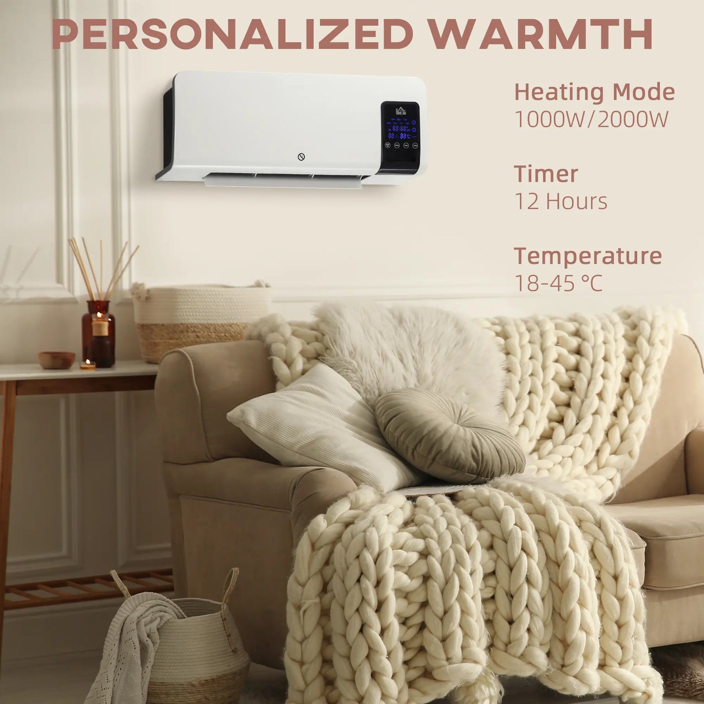 HOMCOM 2000W Wall-Mounted Electric Heater, 18-45°C Temperature, White