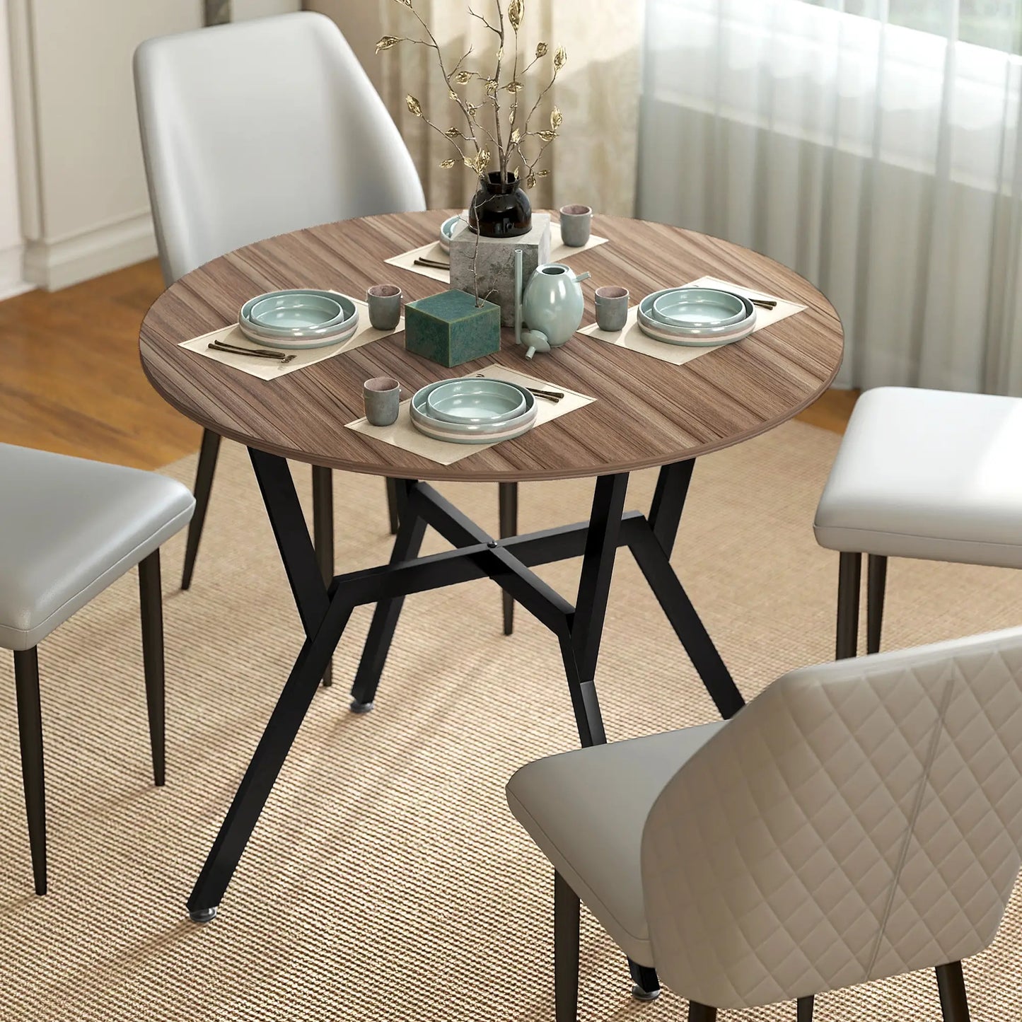 HOMCOM Dining Table, Round Kitchen Table with Black Legs, Anti-Slip Foot Pads, Brown