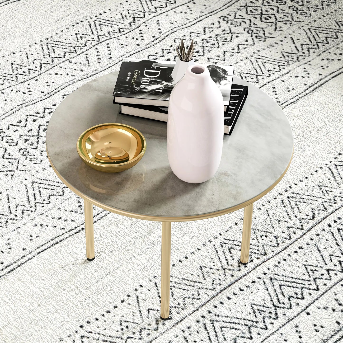 Outsunny Round Coffee Table, End Side Table with Faux Marble Tempered Glass Top, Steel Frame for Home, Office, Beige