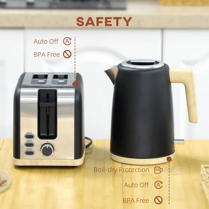 HOMCOM Stainless Steel Kettle and Toaster Kitchen Set, 1.7L 3000W Fast Boil Kettle & 2 Slice Toaster, Black