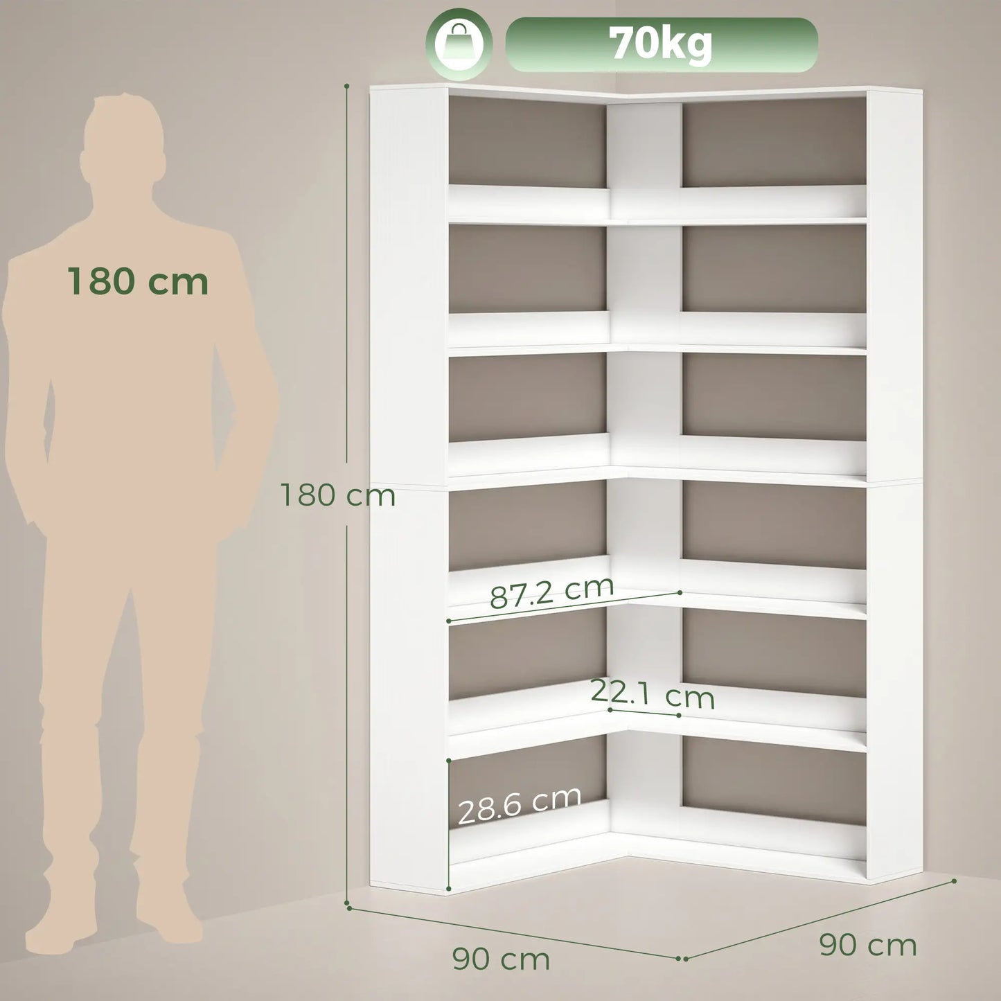 HOMCOM 7 Tiers Bookshelf, L-Shaped Corner Bookcase with Anti-Slip Rear Guard, White Wood Effect