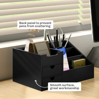 HOMCOM Desk Organiser Holder, Bamboo Multi-Function Storage Caddy with 7 Storage Compartments and 2 Drawers for Home & Office