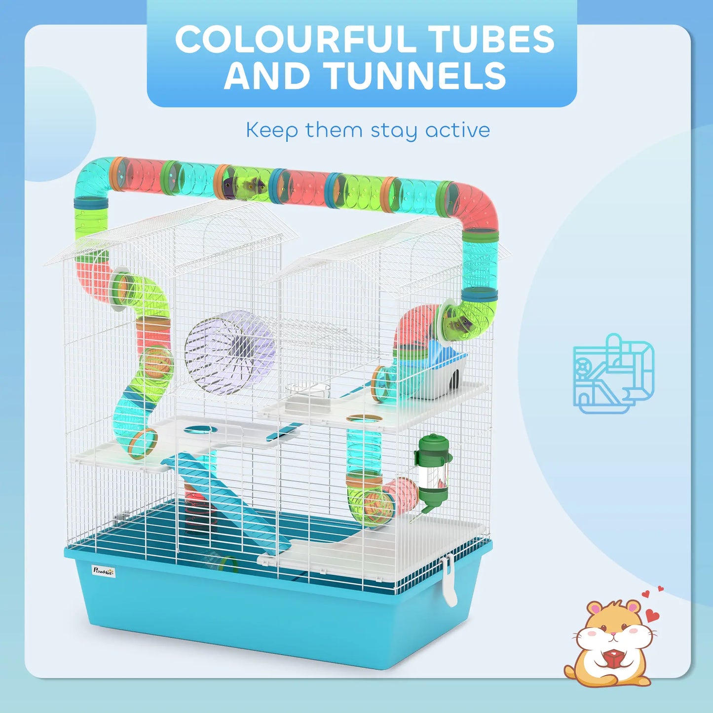PawHut 4 Tier Hamster Cage w/ Tubes, Exercise Wheel, Hut, Water Bottle, Ramps for Dwarf Hamster, Light Blue