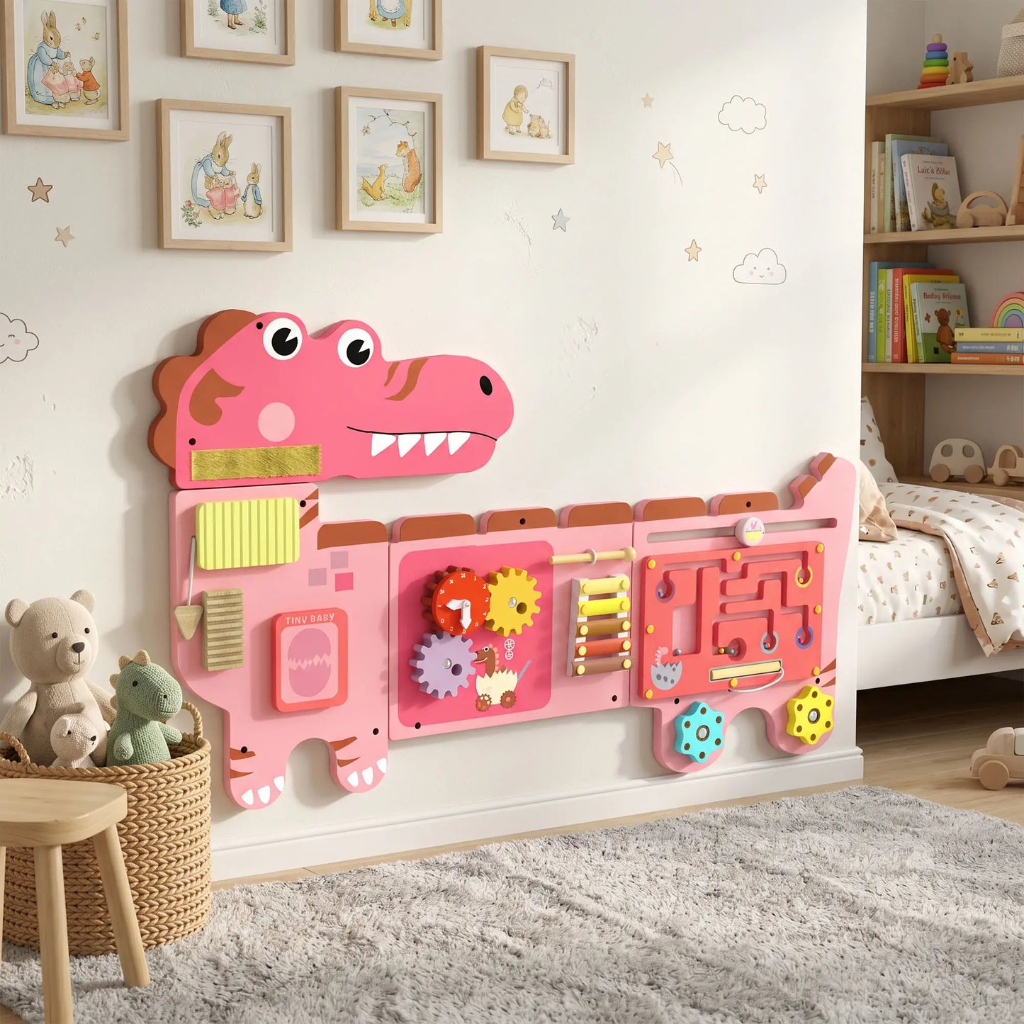 AIYAPLAY Busy Board Panels, Wall Mounted Montessori Inspired, Toddler Learning Centre Dinosaur Theme, Pink