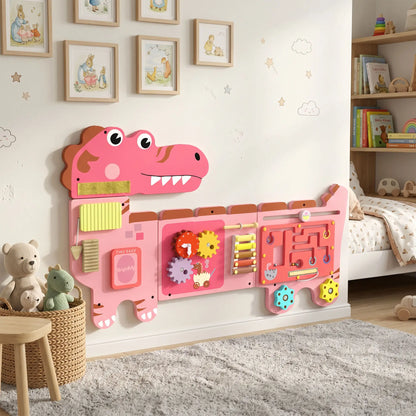 AIYAPLAY Busy Board Panels, Wall Mounted Montessori Inspired, Toddler Learning Centre Dinosaur Theme, Pink