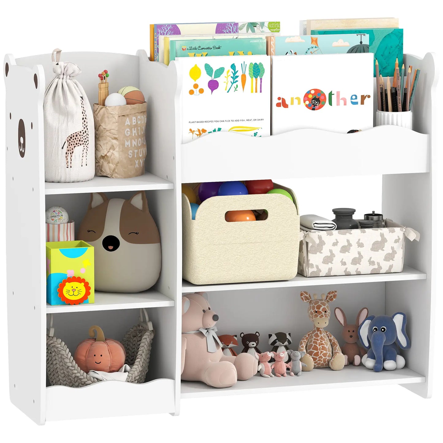 AIYAPLAY Kids Toy Storage Unit, Bear Design Kids Bookshelf & Toy Organiser for Bedroom, Playroom, White