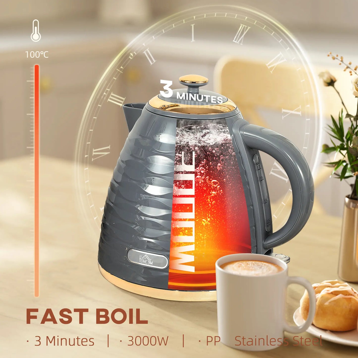 HOMCOM 3kW Kitchen Rapid Boil Honeycomb Kettle, 1.7l - Grey