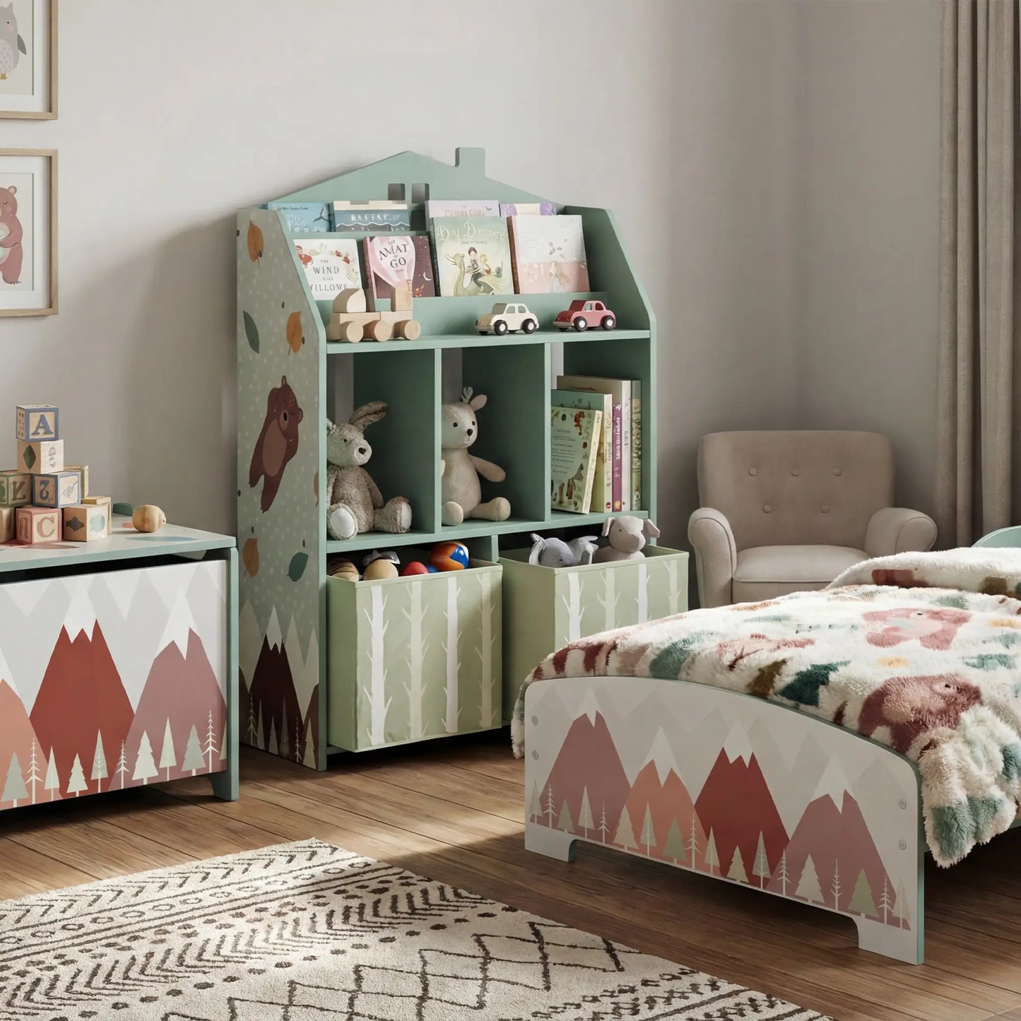 AIYAPLAY Kids Bookshelf with Toy Storage, Book Shelves and Fabric Drawers for Playroom, Green