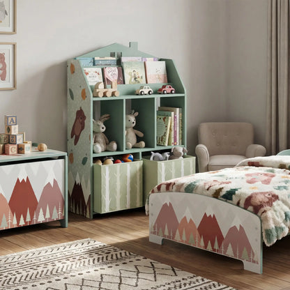 AIYAPLAY Kids Bookshelf with Toy Storage, Book Shelves and Fabric Drawers for Playroom, Green
