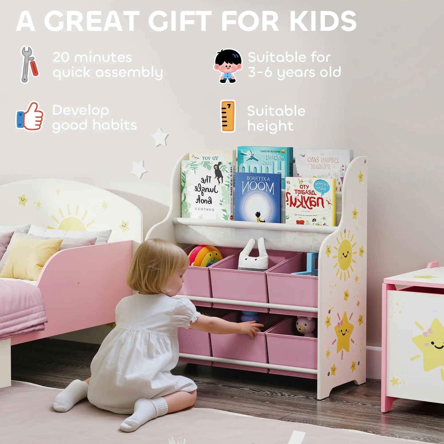AIYAPLAY Kids Storage Unit, Toy Organiser with 6 Fabric Drawers and 2-Tier Sling Book Rack for Bedroom, Playroom, Pink