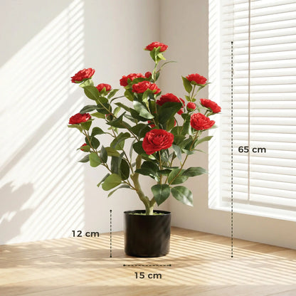 HOMCOM Artificial Camellia Flower Plant in Pot with 116 Lush Leaves & Moss Effect, Red
