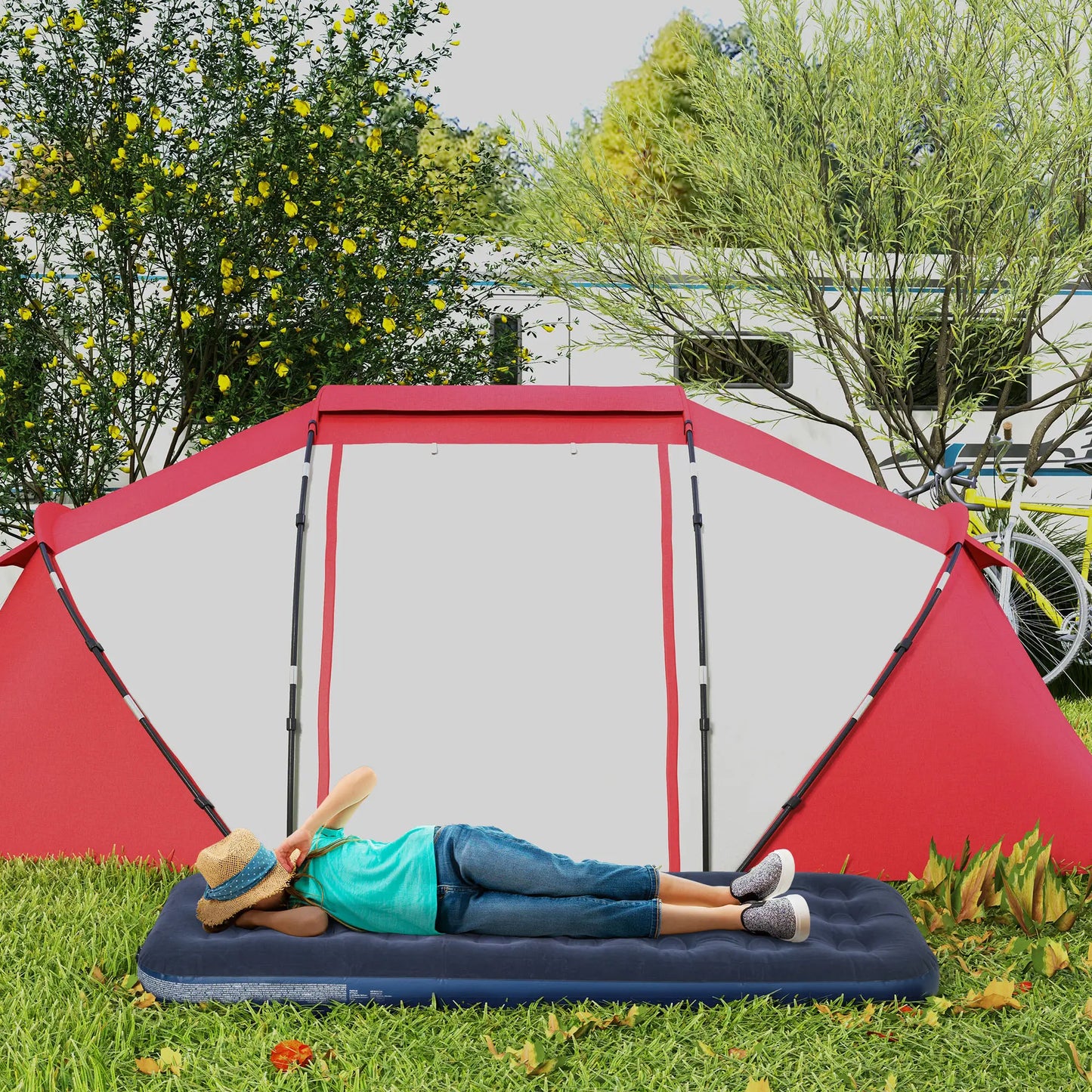 Outsunny Single Air Bed with Hand Pump, Inflatable Mattress & Flocked Surface for Guest, Camping, Travel, Blue