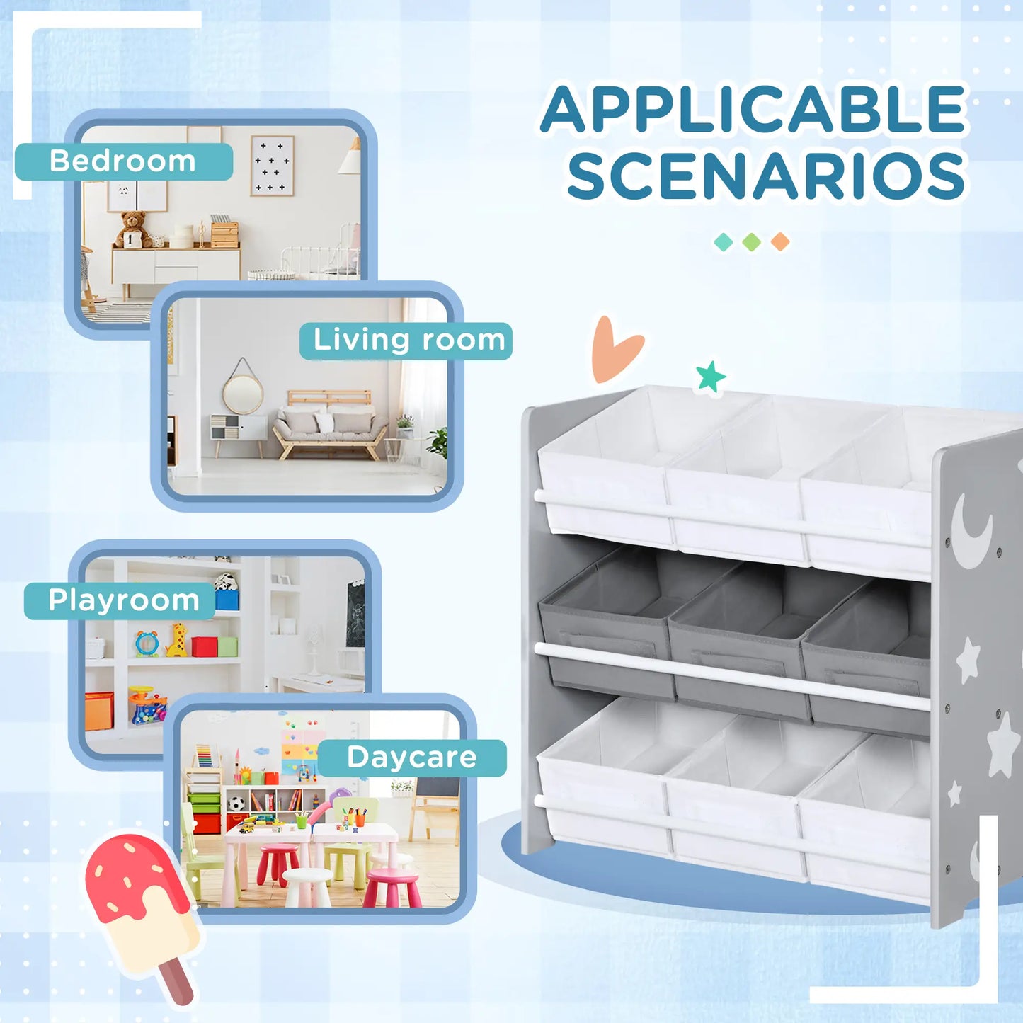 ZONEKIZ Kids Storage Rack with Nine Removable Baskets for Nursery, Bedroom, Playroom - Grey