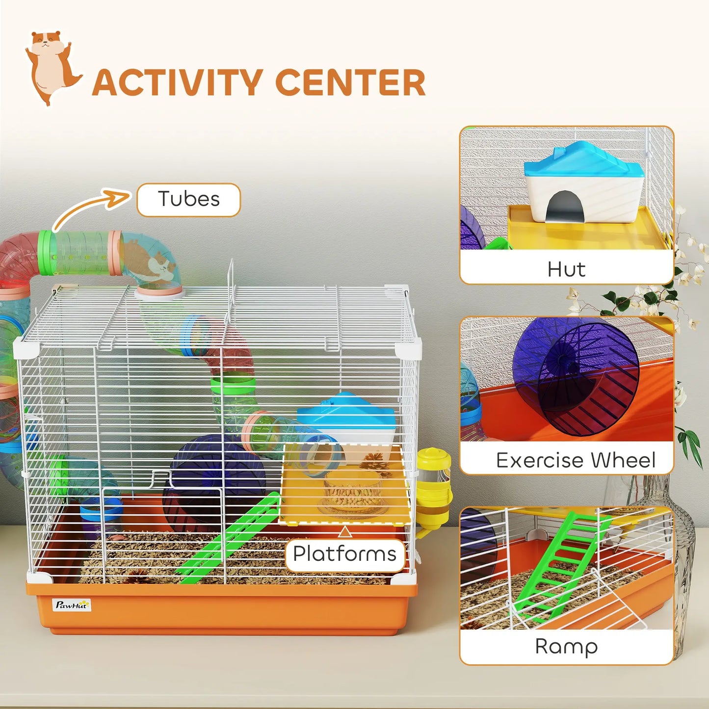 PawHut 2 Tier Hamster Cage, Gerbil Cage with Handle, Exercise Wheels, Tunnel, Water Bottle, Ladder for Dwarf