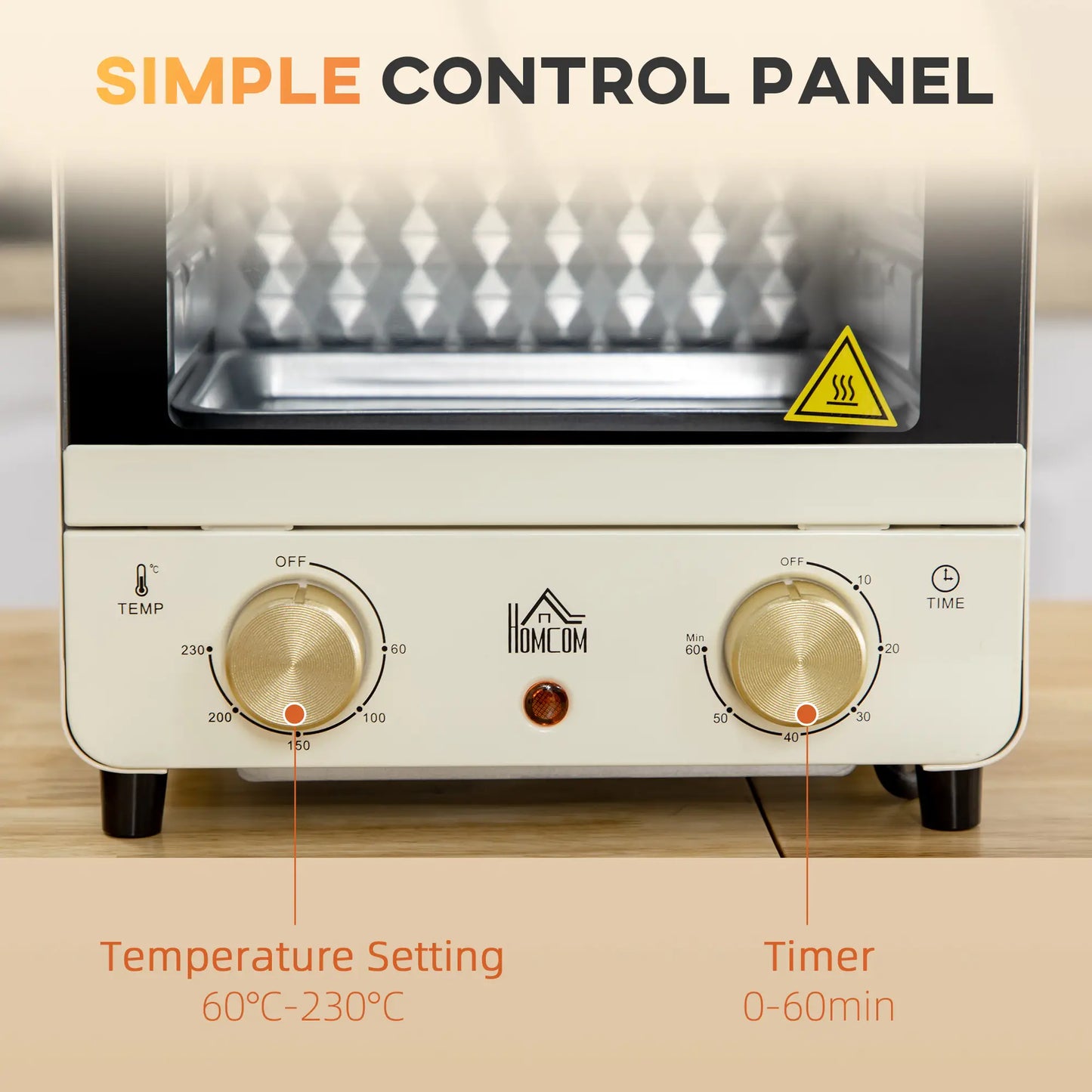 HOMCOM 15 Litres Electric Mini Oven, Grill with 60-230℃ Adjustable Temperature, 1000W, Cream White