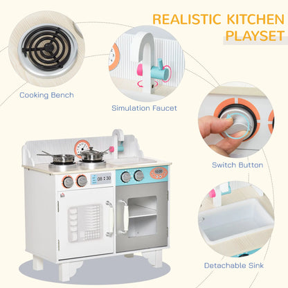 HOMCOM Kids Wooden Play Kitchen Toy Cooking Set Pretend Role Playset, Cooking Bench, Stainless Steel Pot for 3-6 Years